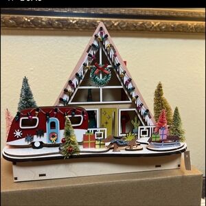 World Market Laser Cut Wood Mid Century A Frame House Trailer LED Light Up Decor